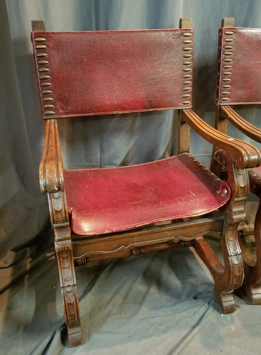 PAIR OF SPANISH ARM CHAIRS WITH LEATHER SEATS AND BACKS