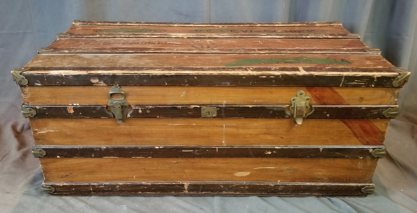 CAMPHOR WOOD BANDED STEAMER TRUNK WITH WORN PAINT