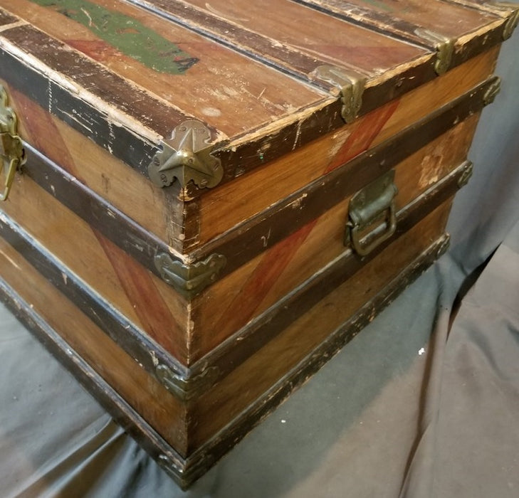 CAMPHOR WOOD BANDED STEAMER TRUNK WITH WORN PAINT