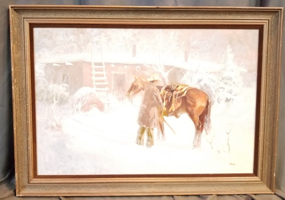 FRAMED OIL PAINTING OF COWBOY AND HORSE IN THE SNOW