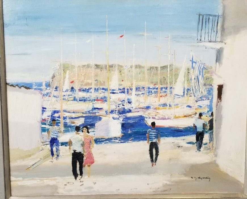 IMPRESSIONIST OIL PAINTING OF SAILBOATS IN A HARBOR by Z.M.. DWARDIN