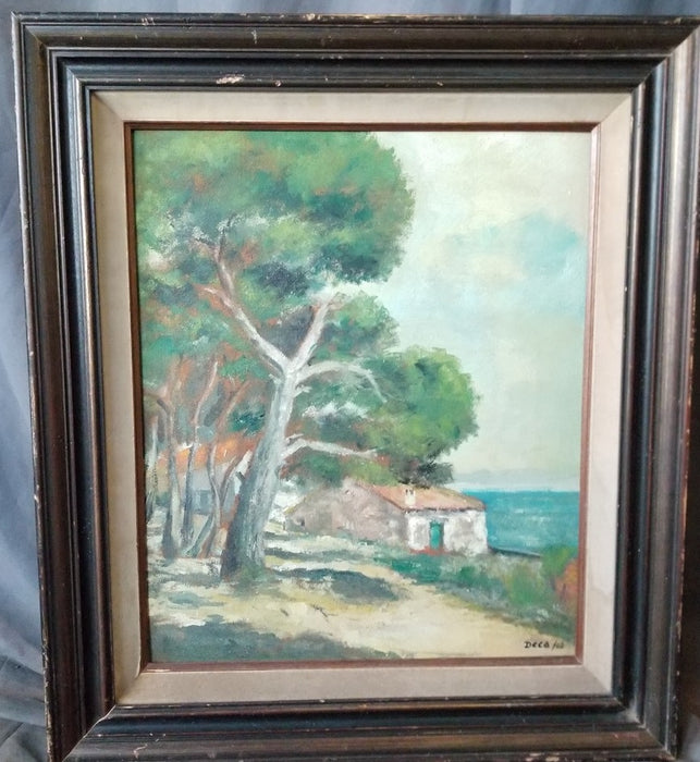 VERTICAL LANDSCAPE OIL PAINTING OF HOUSE AND TREES signed DECA/62