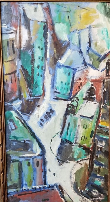 VERTICAL ABSTRACT OIL PAINTING OF A CITY BY SNOWDEN