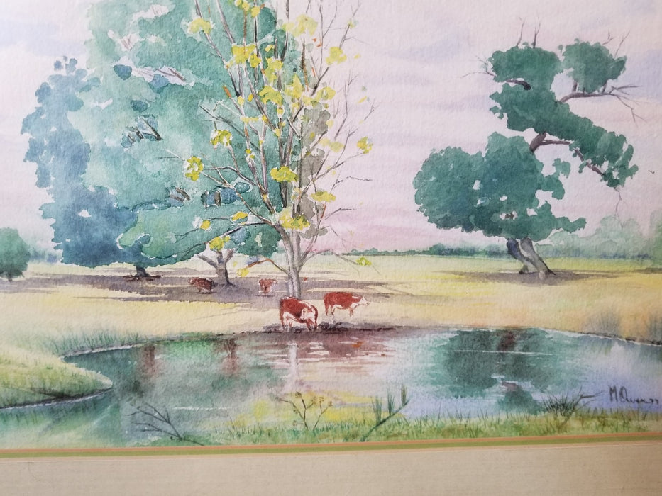 WATER COLOR LANDSCAPE OF COWS BY A LAKE by MCOWEN