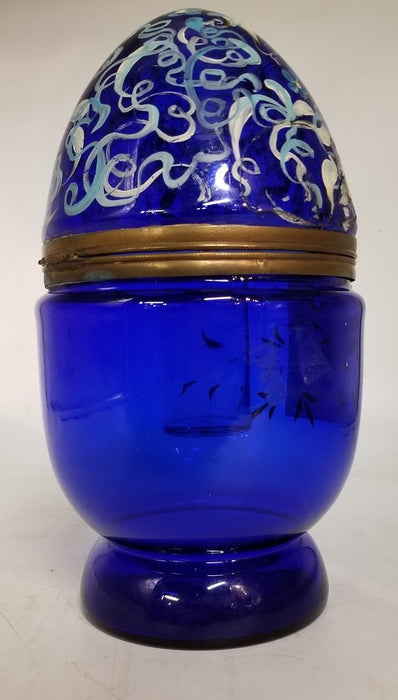 ANTIQUE COBALT GLASS EGG CONTAINER WITH OLD REPAIR