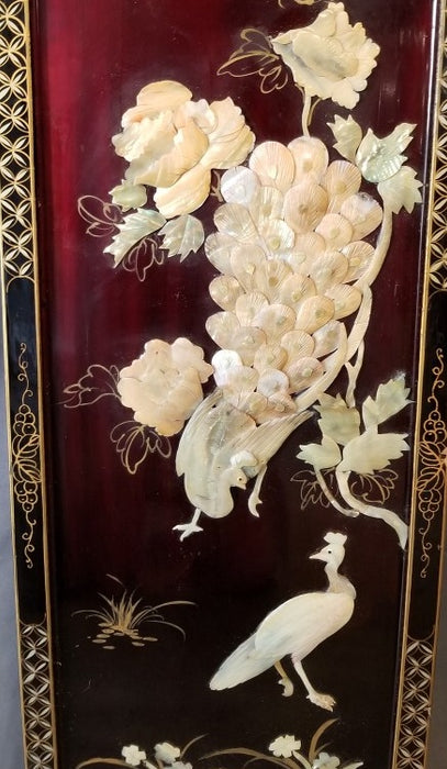 CHINESE OXBLOOD PANEL WITH APPLIED STONE GRAPES AND PEACOCK