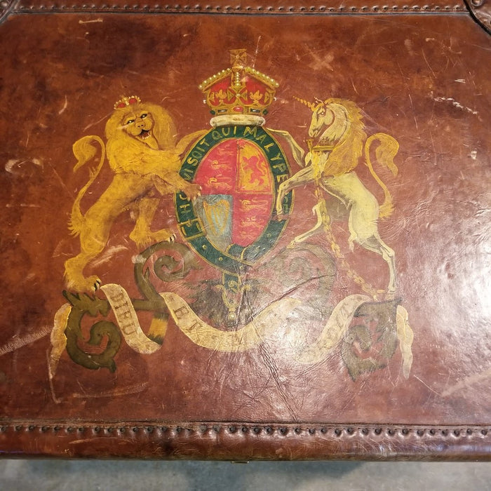 LEATHER TRUNK ON STAND WITH LION AND HORSE CREST
