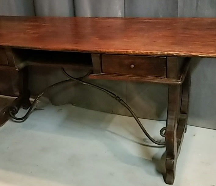 SPANISH OAK DESK WITH IRON STRETCHER AND 2 DRAWERS