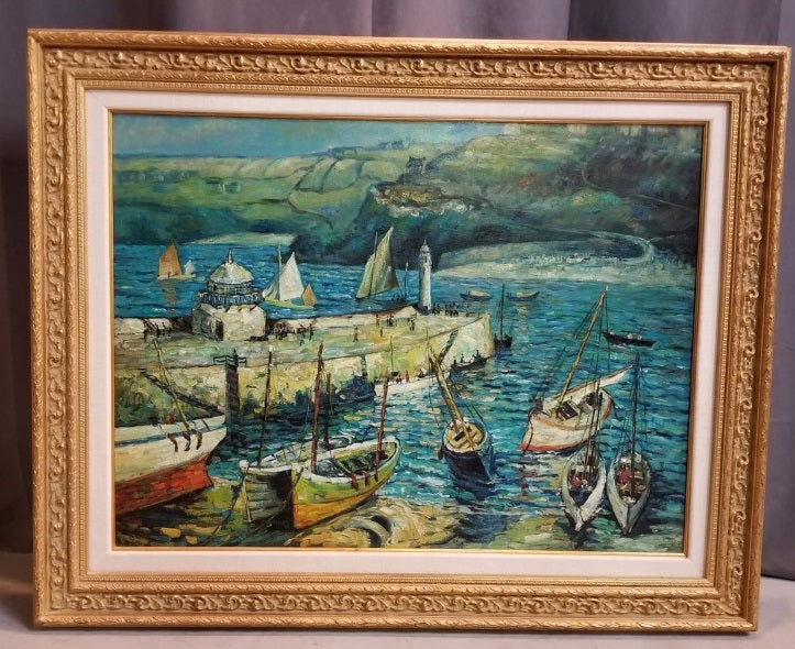 LARGE FRAMED OIL PAINTING OF SAIL BOATS BY THE DOCK