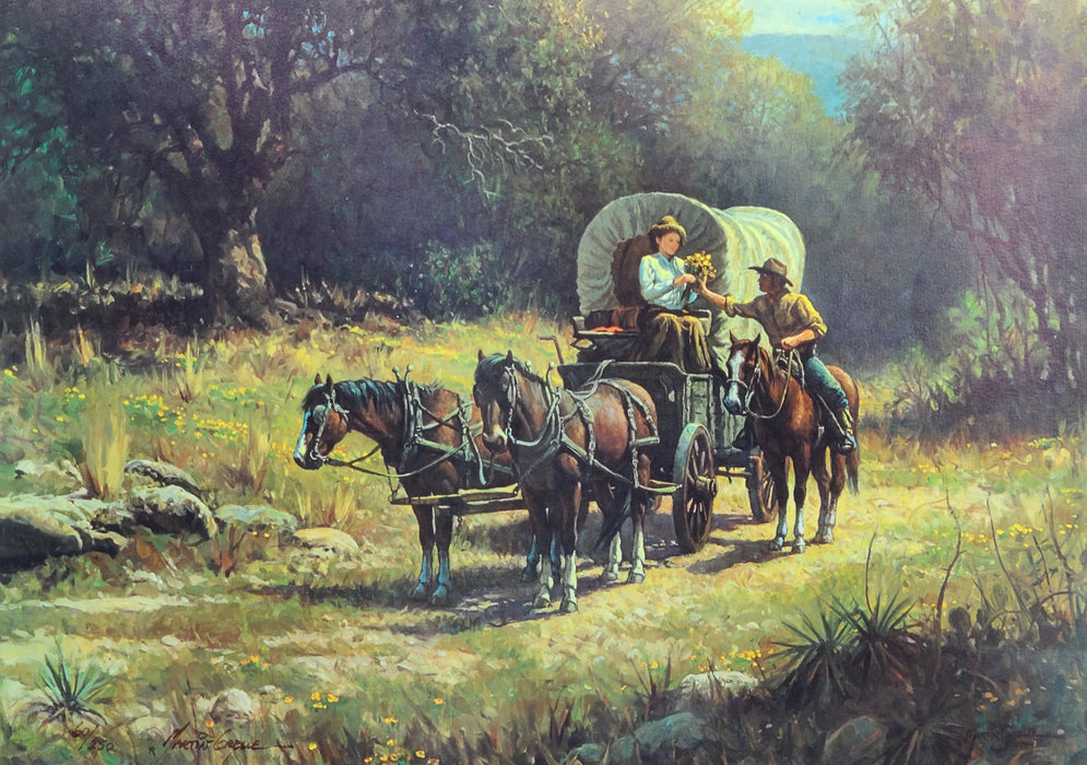SIGNED LIMITED PRINT OF COWBOY PAINTING WITH WAGON BY MARTIN GRILLE