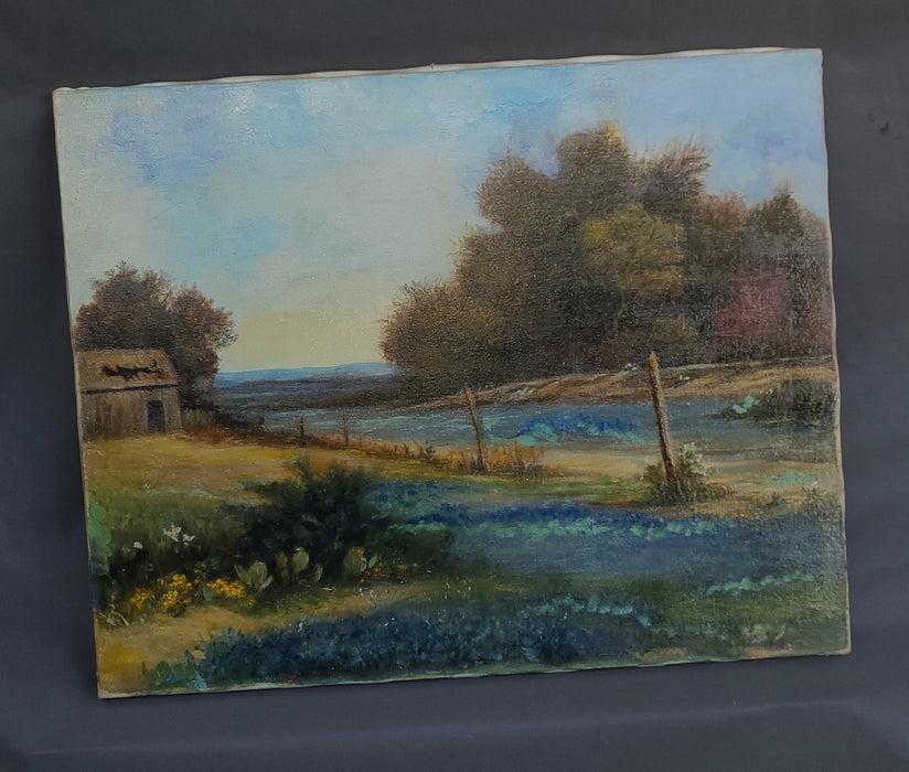 PAINTING OF ABANDONED FARM WITH FENCE AND BLUE BONNET UNSIGNED