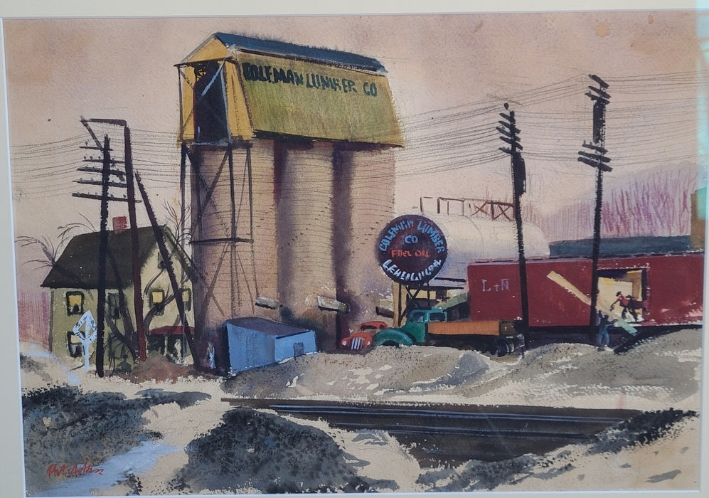WATER COLOR PAINTING OF RAILROAD DEPOT AND LUMBER
