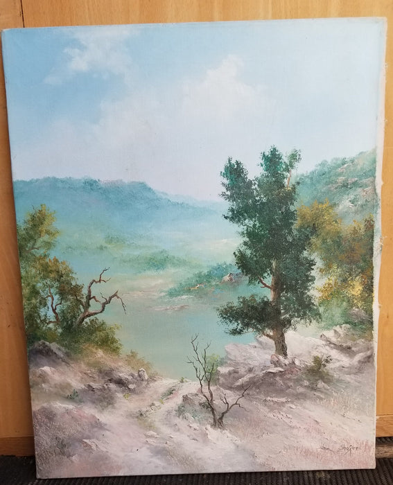 UNFRAMED MISTY VALLEY LANDSCAPE OIL PAINTING ON CANVAS BY SCHAFER SIGNED