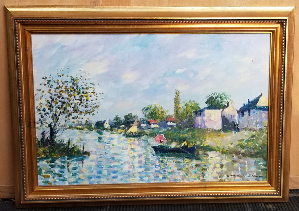 SMALL FRENCH IMPRESSIONIST OIL PAINTING ON CANVAS OF CANAL