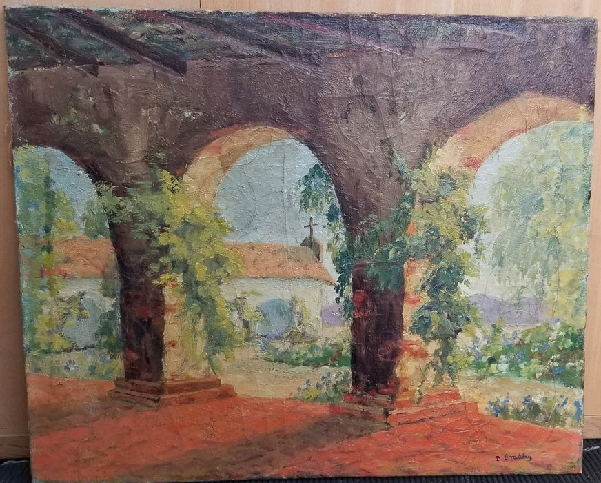 OIL ON CANVAS PAINTING OF MISSION BY B. BRADLEY - AS FOUND