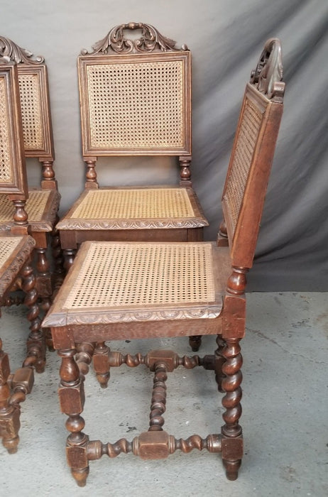 SET OF 6 BARLEY TWIST OAK CHAIRS WITH CANE SEATS AND BACKS