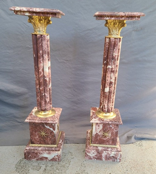 PAIR OF RED MARBLE WITH BRASS PEDESTALS