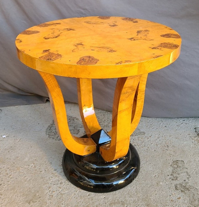 BURLED DECO ROUND STAND WITH EBONIZED BASE
