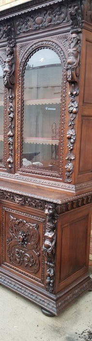 LARGE FRENCH OAK ANGEL CARYATID AND LIONS BOOKCASE