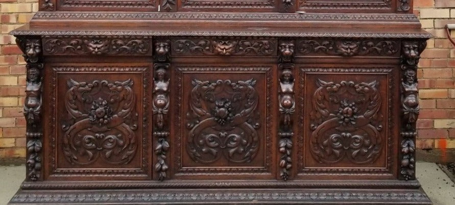 LARGE FRENCH OAK ANGEL CARYATID AND LIONS BOOKCASE