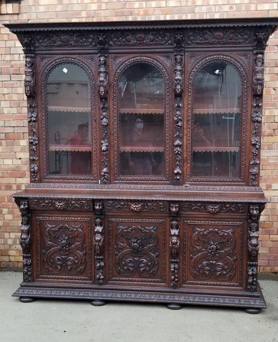 LARGE FRENCH OAK ANGEL CARYATID AND LIONS BOOKCASE