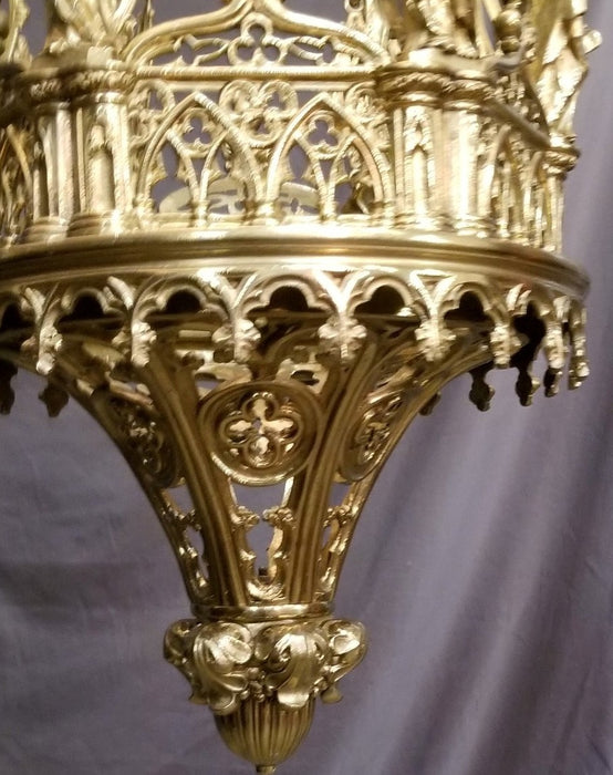 LARGE GOTHIC CATHOLIC HANGING BRASS SANCTUARY LAMP WITH SAINTS