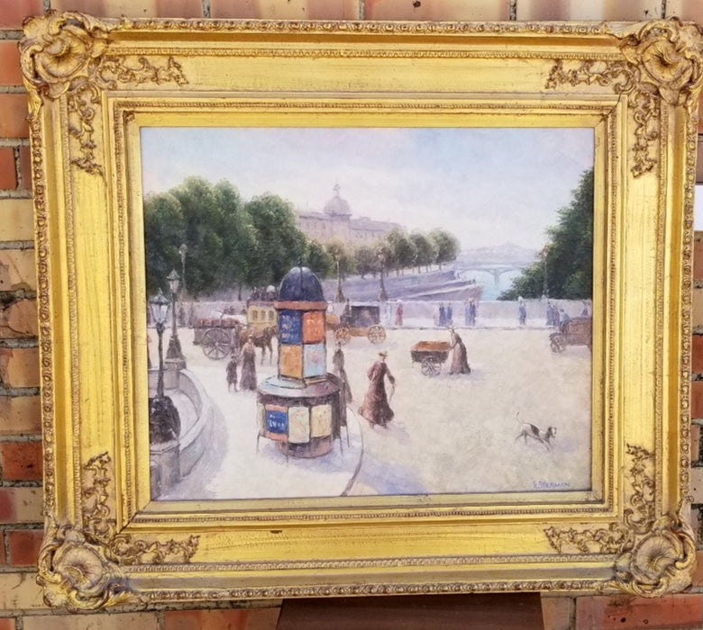 PARIS STREET OVER LOOKING THE RIVER  OIL PAINTING BY GAIL SHERMAN CORBETT