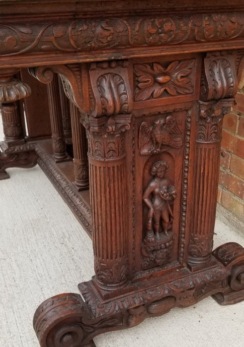 FRENCH FIGURAL CARVED COLUMNAR OAK 19TH CENTURY LIBRARY TABLE WITH LEATHER TOP
