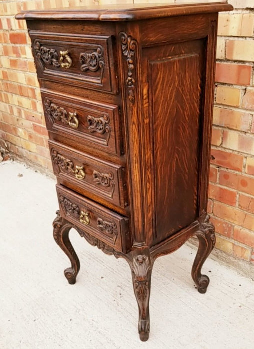 4 DRAWER COUNTRY FRENCH CARVED OAK LINGERIE CHEST WITH TALL LEGS - MID 20TH CENTURY