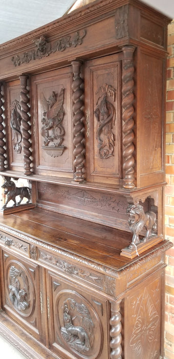LOUIS XIII FOX AND HOUND CARVED OAK BUFFET WITH BARLEY TWIST AND LION SUPPORTS