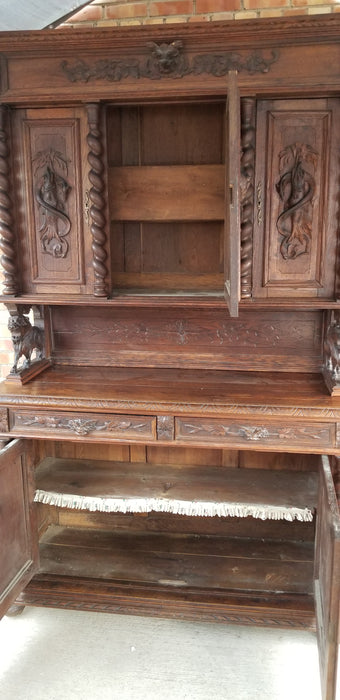 LOUIS XIII FOX AND HOUND CARVED OAK BUFFET WITH BARLEY TWIST AND LION SUPPORTS