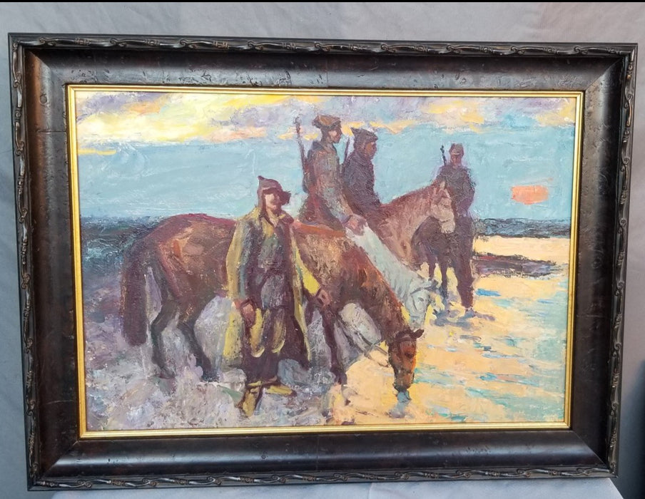 IMPRESSIONIST OIL PAINTING OF HORSEMEN BY THE RIVER