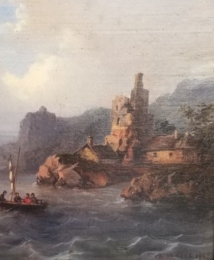 OIL PAINTING OF A SMALL BOAT ON A CHOPPY SEA