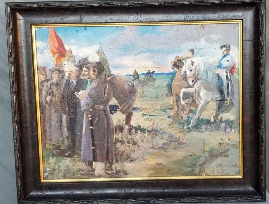 IMPRESSIONST OIL PAINTING OF MEN (POSSIBLY LENIN) AND A MAN ON A WHITE HORSE