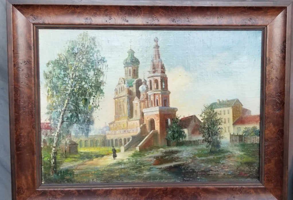 FRAMED OIL PAINTING OF A EUROPEAN TOWN WITH A CHURCH