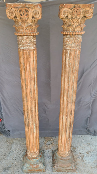 PAIR HEAVY TEAK COLUMNS WITH BASES AND CARVED TOPS