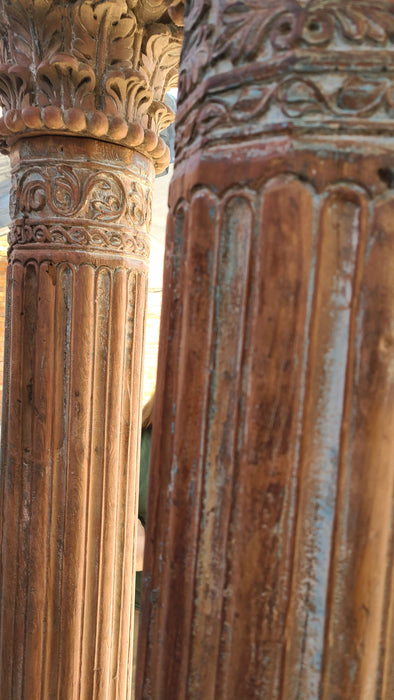 PAIR HEAVY TEAK COLUMNS WITH BASES AND CARVED TOPS