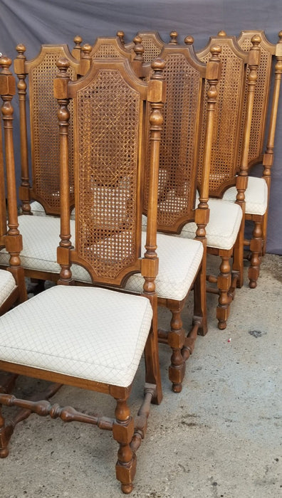 SET OF 4 VINTAGE 70'S HIGH BACK BLOCK AND TURN CHAIRS WITH CANING