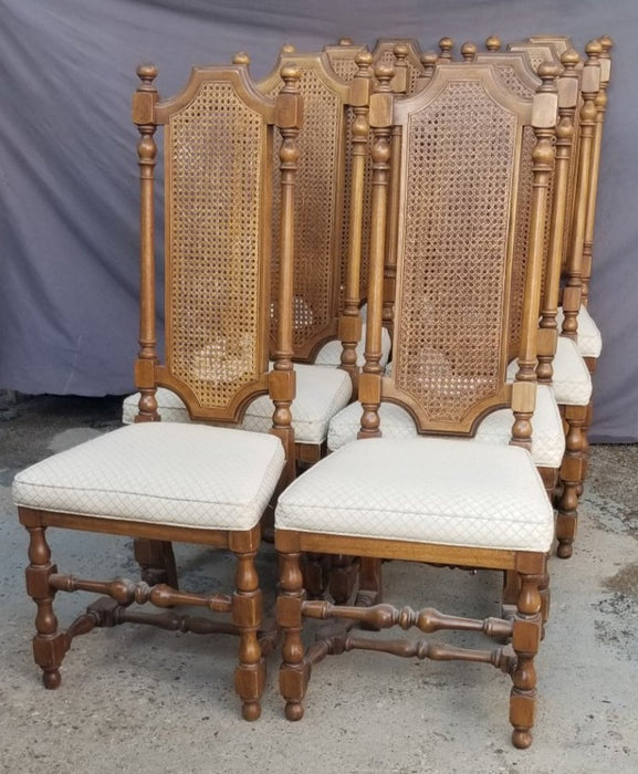 SET OF 4 VINTAGE 70'S HIGH BACK BLOCK AND TURN CHAIRS WITH CANING