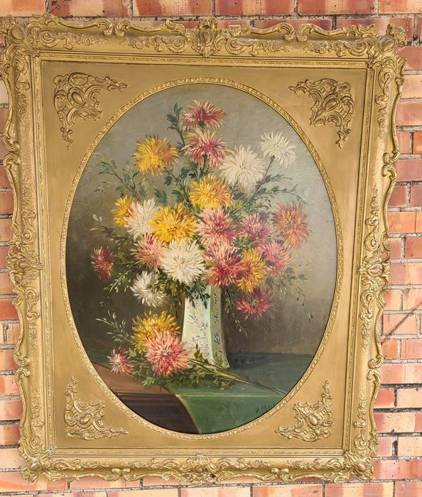 EARLY ORNATE FRAME FLORAL OIL PAINTING OF CHRYSANTHEMUMS