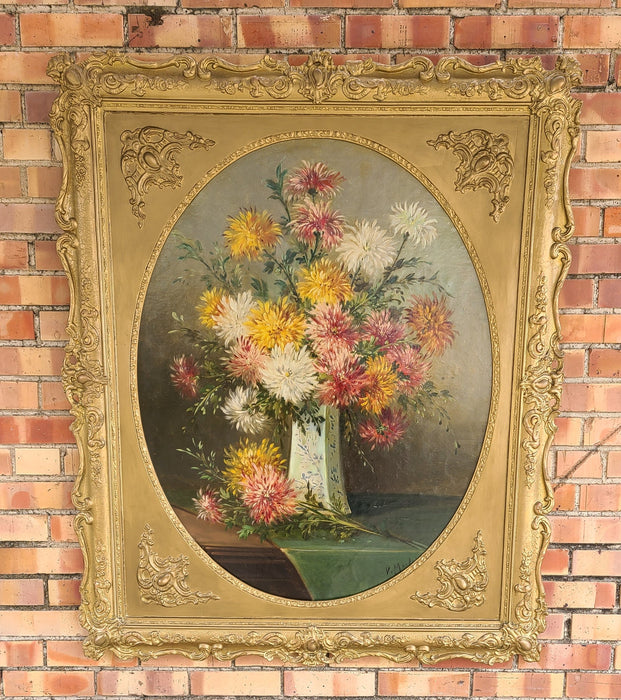 EARLY ORNATE FRAME FLORAL OIL PAINTING OF CHRYSANTHEMUMS