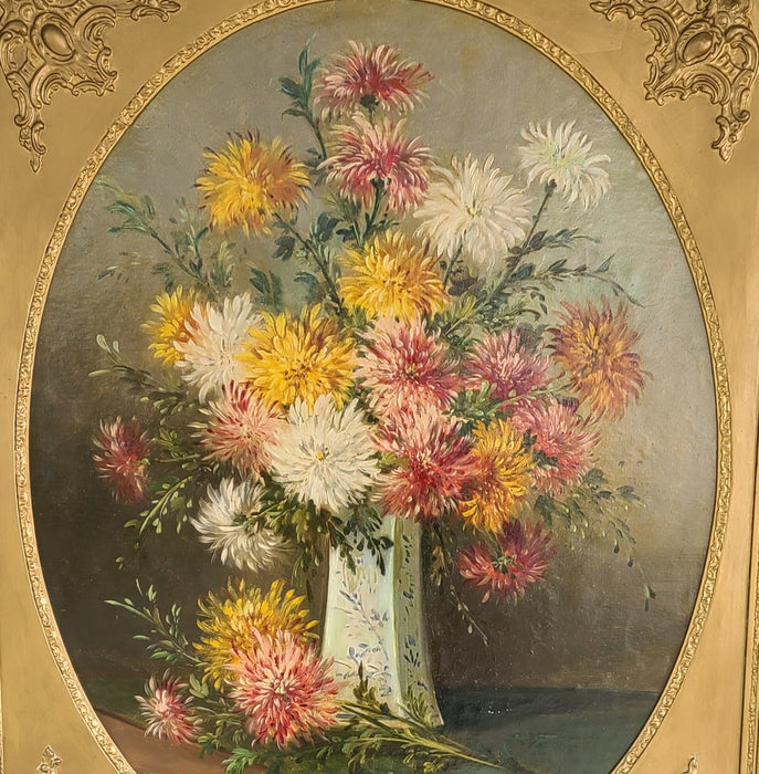 EARLY ORNATE FRAME FLORAL OIL PAINTING OF CHRYSANTHEMUMS