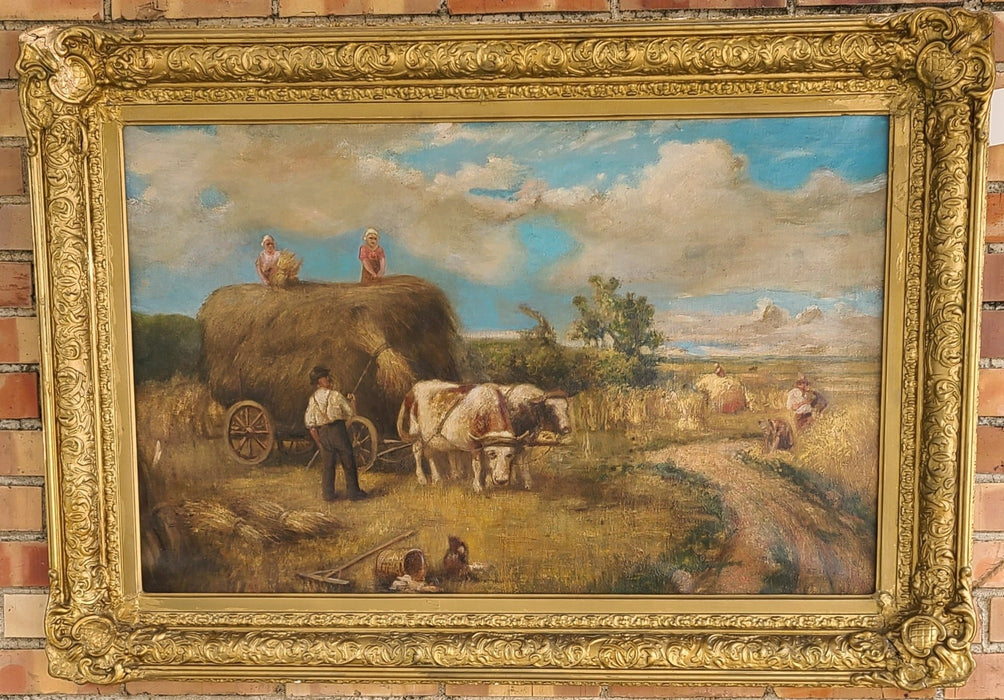 OIL PAINTING "HARVESTING THE HAY" BY JAMES THOMAS LINNELL (1820-1905)