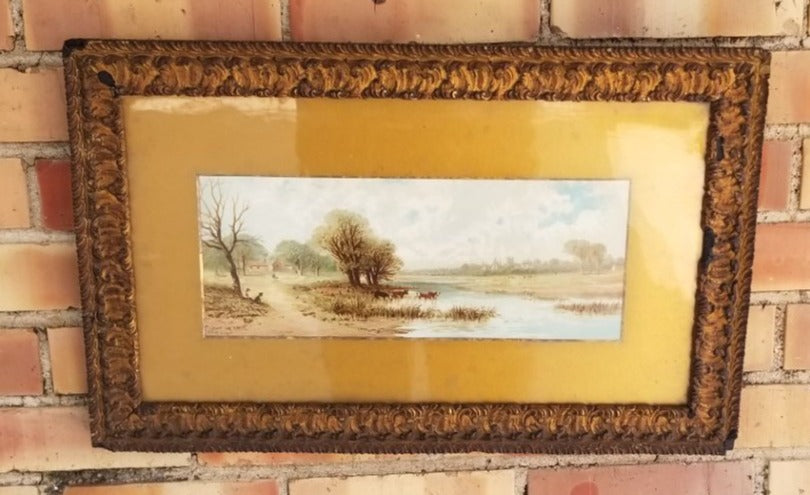 SMALL GOLD FRAMED BUCCOLIC WATER COLOR SIGNED RF MCINTYRE