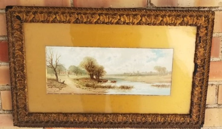 SMALL GOLD FRAMED BUCCOLIC WATER COLOR SIGNED RF MCINTYRE