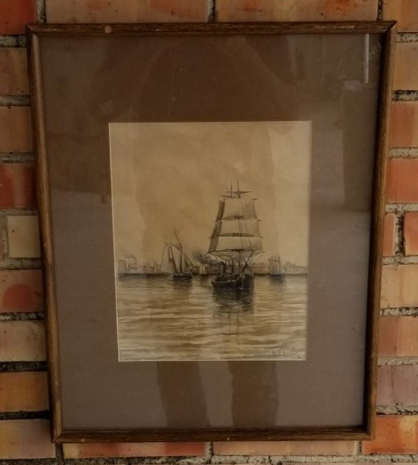 WATER COLOR OF A HARBOR WITH SAILBOAT SIGNED H.B. WESTERN