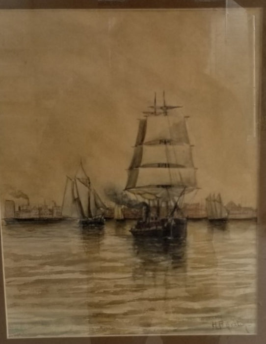 WATER COLOR OF A HARBOR WITH SAILBOAT SIGNED H.B. WESTERN