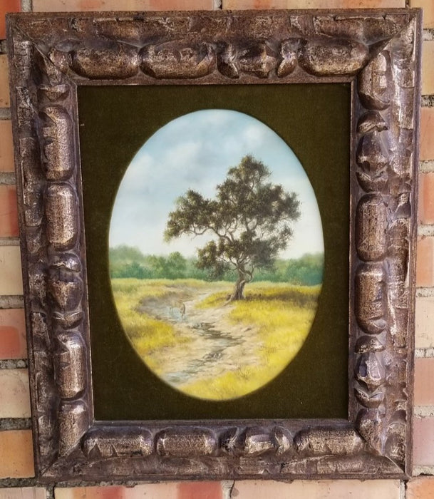 OVAL OIL PAINTING OF OAK TREE AND DEER BY A STREAM SIGNED C. GIBSON