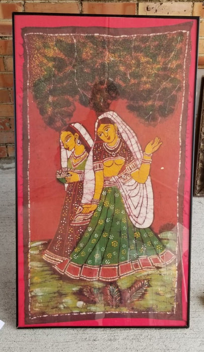 FRAMED VERTICAL INDIAN LADIES PAINTING ON FABRIC