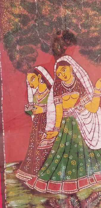 FRAMED VERTICAL INDIAN LADIES PAINTING ON FABRIC